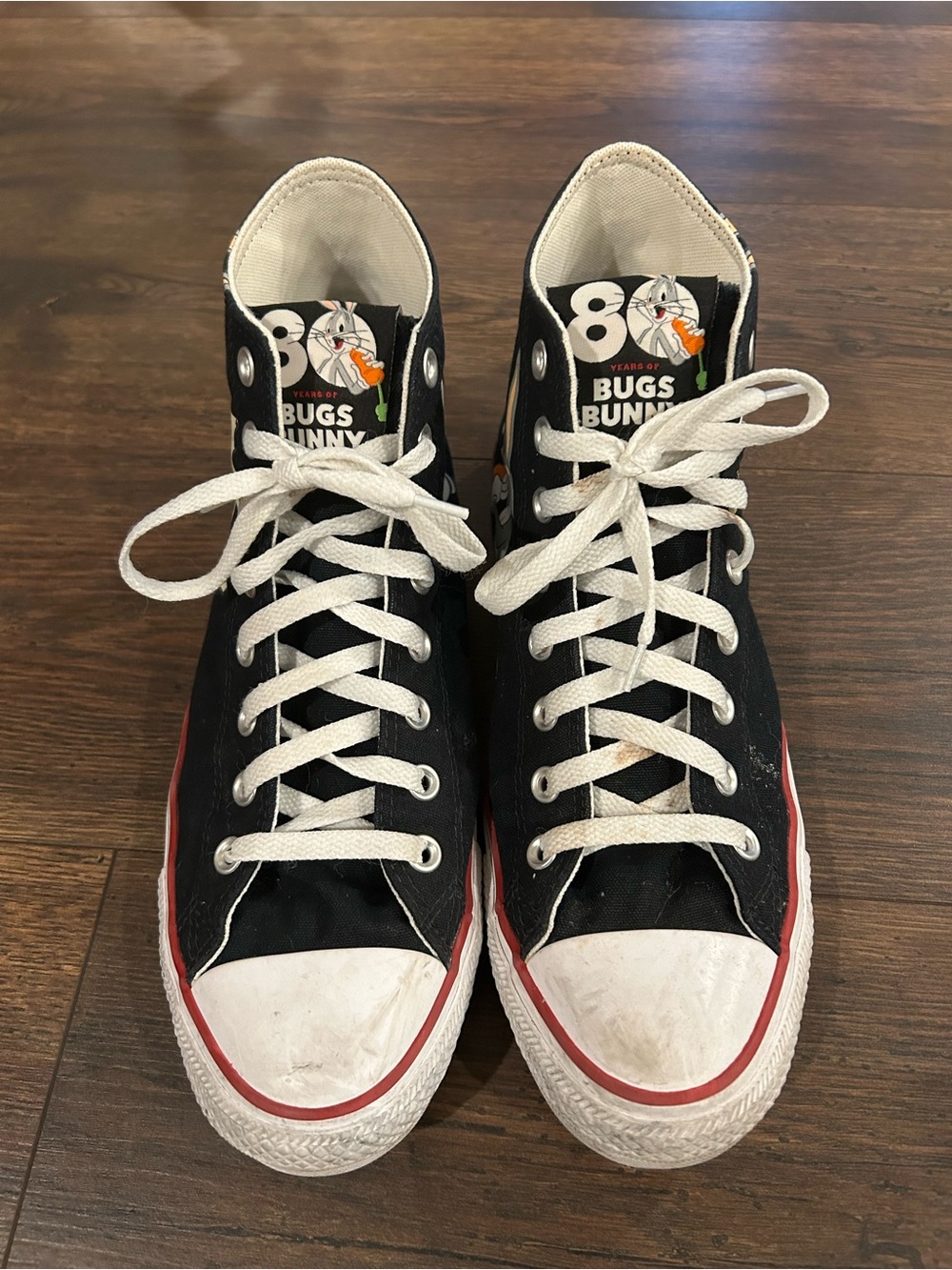 Converse Black & White High Top Sneakers with Red Trim - Bugs Bunny Patch